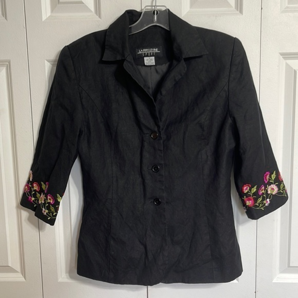 Larry Levine Sport Linen Blend Embroidered Floral 3/4 Sleeve Blazer Jacket M‎